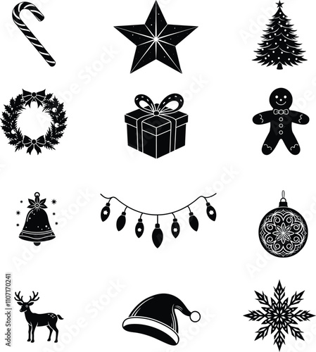 Christmas elements set icons design. Christmas collection of bells, santa, deer, angel, nutcracker, cookies, showman, snowstar, drums, mitten, candy, sock, tree