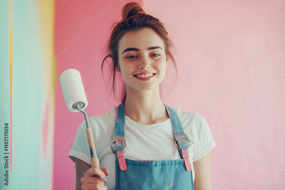 Young woman painting a colorful wall in a bright, cheerful setting. Generative AI Young woman painting a colorful wall in a bright, cheerful setting. Generative AI
