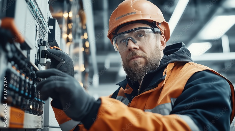 Male engineer in protective gear adjusting control panel in industrial setting wearing helmet and safety glasses Male engineer in protective gear adjusting control panel in industrial setting wearing helmet and safety glasses