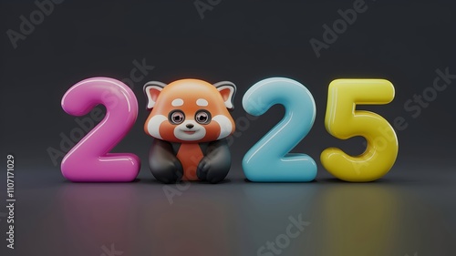 2025 New Year greeting card featuring cute red panda with 2025 numbers on a dark background. Wildlife conservation, endangered species, and eco-friendly theme. Ideal for banners and awareness campain photo