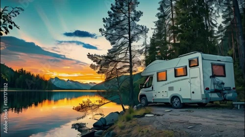 Holiday trip on large family motorhome for holiday in beautiful nature