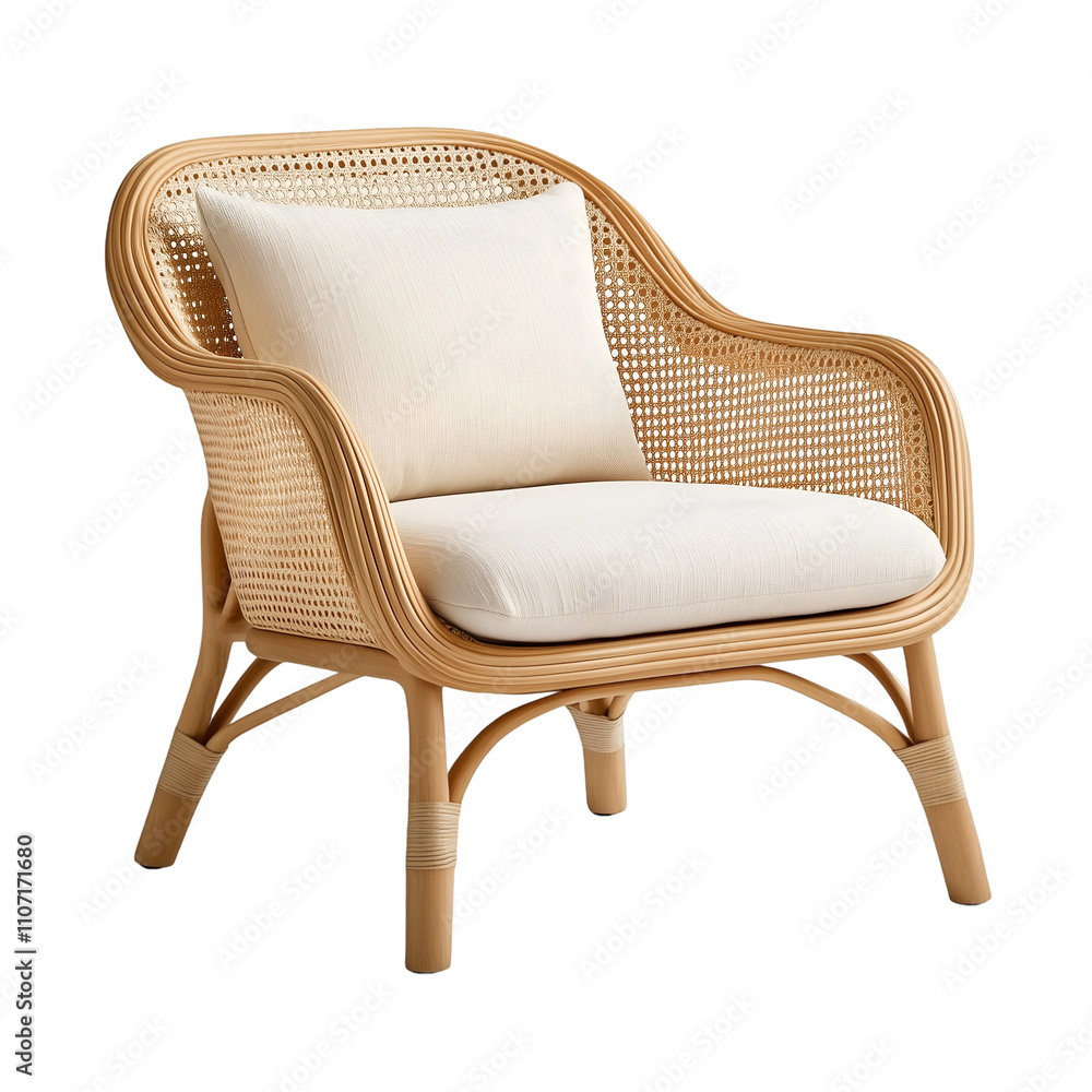 A handwoven rattan chair featuring a curved backrest, intricate weaving pattern, and a light beige cushion. The chair showcases a boho-chic design with natural earthy tones, sharp focus, A handwoven rattan chair featuring a curved backrest, intricate weaving pattern, and a light beige cushion. The chair showcases a boho-chic design with natural earthy tones, sharp focus,