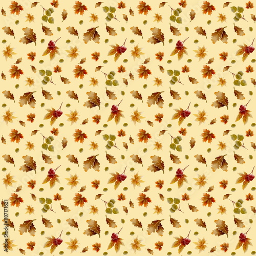 autumn pattern, leaves, fall, berries, forest, September, October, November, nature, watercolor, fun, subject, pastel, background, backdrop