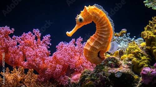 A vibrant orange seahorse gracefully poses amidst a lively coral reef, showcasing intricate details and textures. photo