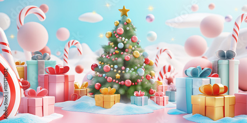 Festive Christmas background with Christmas tree and big gifts in blue and pink theme