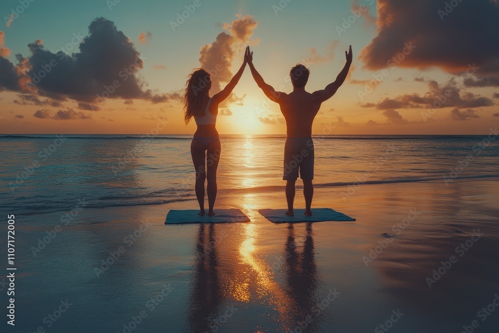 Fototapeta premium Embracing the sunset during a tranquil beach yoga session in a tropical paradise