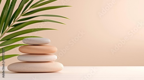 a photostock of a  Neutral background with stones branch and natural colors ideal for beauty product branding and packaging Front perspective copy space photo