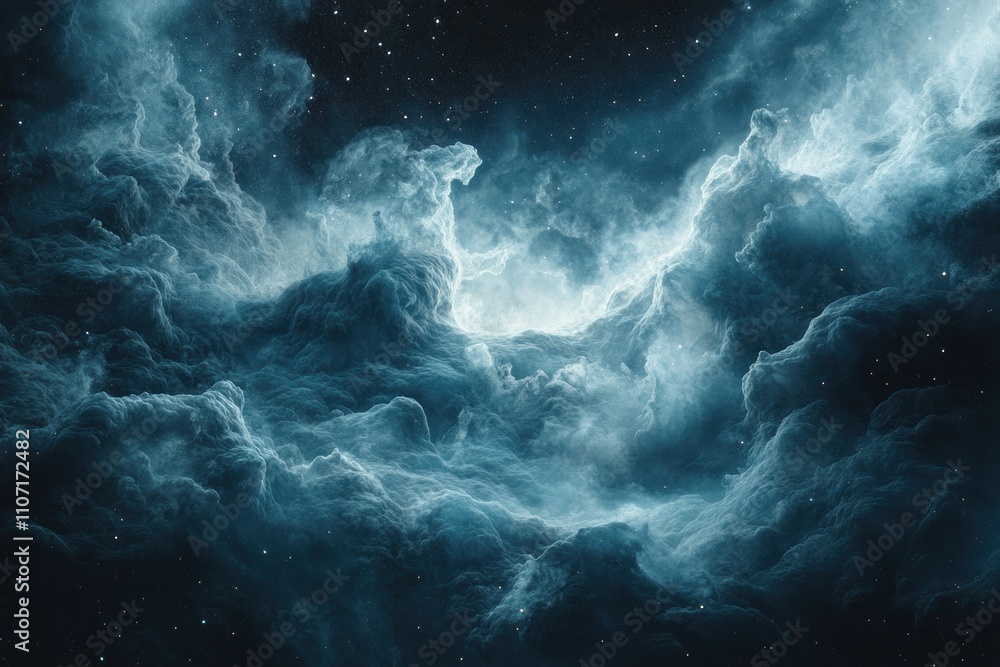 A vast expanse of deep blue nebula with wispy clouds and scattered stars. A vast expanse of deep blue nebula with wispy clouds and scattered stars.