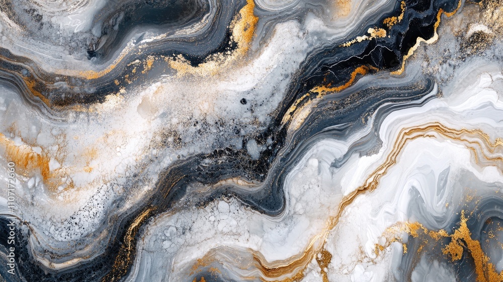 Obraz premium A stunning abstract artwork featuring swirling patterns in black, white, and gold tones, evoking elegance and sophistication.