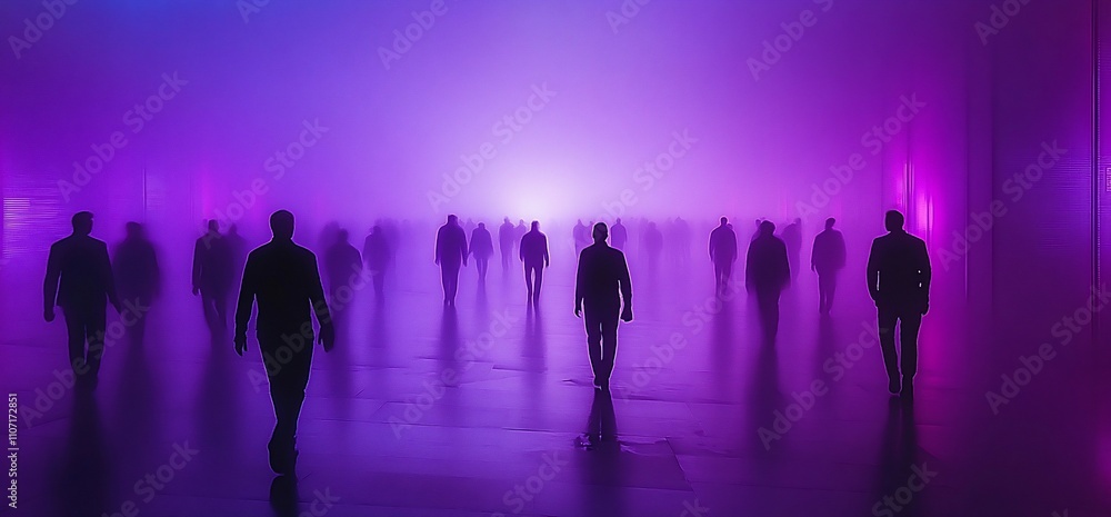 Ethereal scene of silhouetted figures in a misty, colorful environment. Ethereal scene of silhouetted figures in a misty, colorful environment.