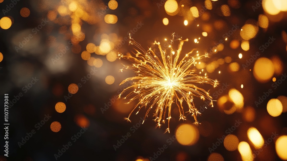 Fototapeta premium A dazzling sparkler igniting the night, surrounded by a bokeh of golden lights.