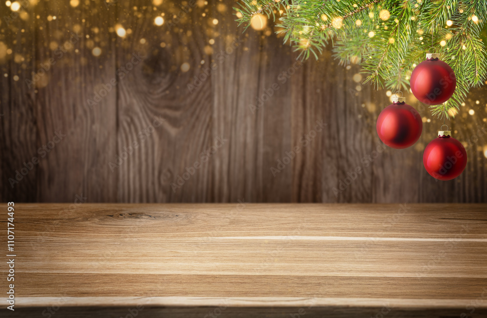 Empty wood table with Christmas tree fir branch, red bauble and festive bokeh lights on dark background. Winter holiday backdrop. Mockup for product placement and advertising Empty wood table with Christmas tree fir branch, red bauble and festive bokeh lights on dark background. Winter holiday backdrop. Mockup for product placement and advertising