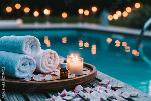 Soft towels and candles create tranquil spa setting by pool