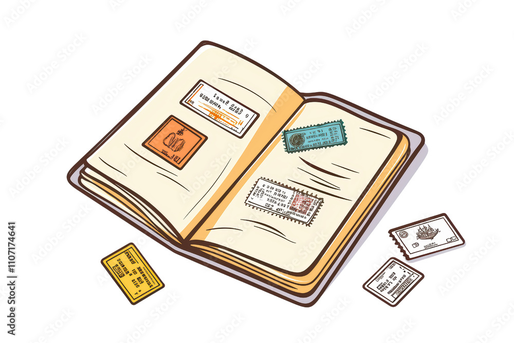 open book with various colorful tickets and stamps inside, showcasing travel memories and experiences. isolated on transparent background open book with various colorful tickets and stamps inside, showcasing travel memories and experiences. isolated on transparent background