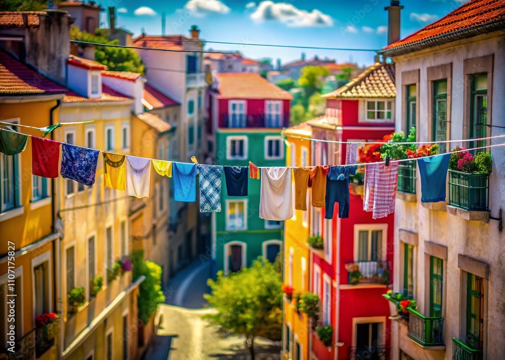 Fototapeta premium Tilt-Shift Photography of Lisbon Neighborhood with Colorful Laundry Hanging to Dry in Slow Motion, Showcasing the Charm of Everyday Life in a Vibrant Urban Setting