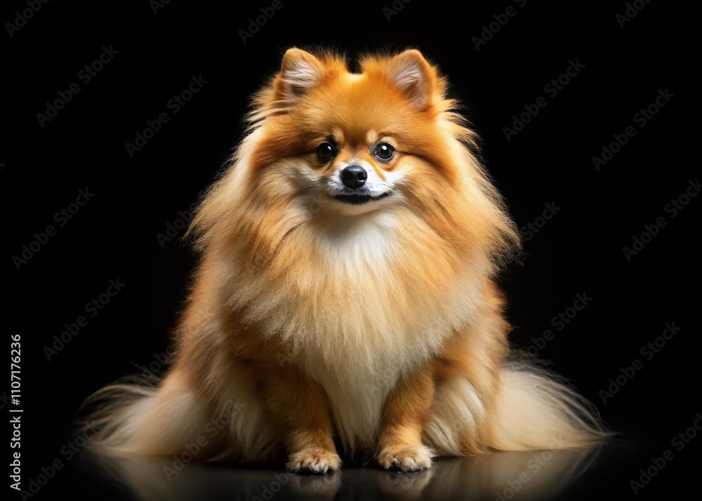 Tilt-Shift Portrait of a Charming Pomeranian Spitz Sitting Gracefully on a Black Background, Capturing the Cuteness and Fluffiness of This Adorable Dog Breed Tilt-Shift Portrait of a Charming Pomeranian Spitz Sitting Gracefully on a Black Background, Capturing the Cuteness and Fluffiness of This Adorable Dog Breed