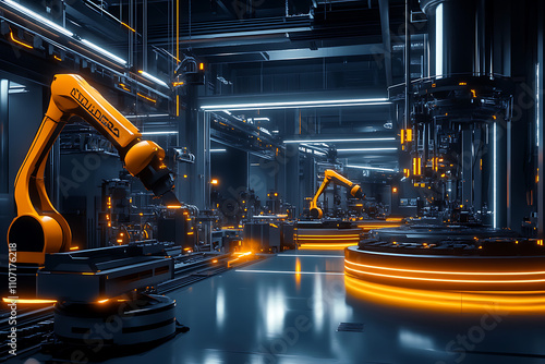 A modern factory showcasing robotic manipulators and automated conveyor systems with glowing neon accents, sleek metallic surfaces, and a futuristic industrial design symbolizing advanced technology. 