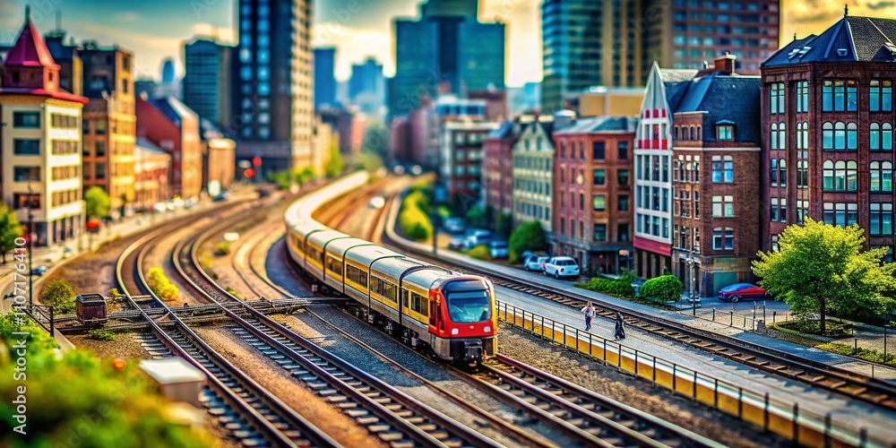Tilt-Shift Train Journey Through Urban Landscape: A Small-Scale View of a Train on Rails Surrounded by City Buildings, Capturing the Essence of Urban Transit and Architecture Tilt-Shift Train Journey Through Urban Landscape: A Small-Scale View of a Train on Rails Surrounded by City Buildings, Capturing the Essence of Urban Transit and Architecture