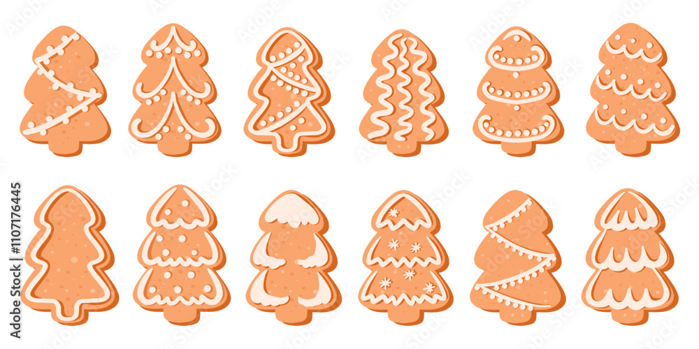Ginger christmas tree cookies set. gingerbread clipart collection. Christmas aesthetic. gingerbread, tree cakes. flat vector illustration isolated on background. Ginger christmas tree cookies set. gingerbread clipart collection. Christmas aesthetic. gingerbread, tree cakes. flat vector illustration isolated on background.