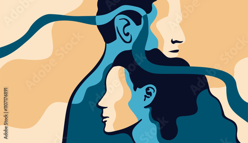 Cuddling people couple in blue and beige color