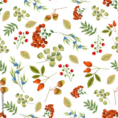 autumn pattern, acorns, berries, blue, red, leaves, autumn, November, pattern, aesthetics, watercolor, background, background picture, texture, seamless