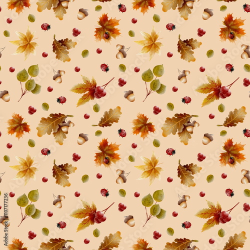 autumn pattern, leaves, fall, berries, forest, September, October, November, nature, watercolor, fun, subject, pastel, background, backdrop