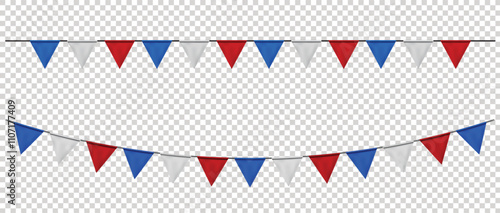 Blue, Red, White Bunting flags, carnival party triangle flag banner background. Decorative pennants hanging on a rope for Celebration, Birthday, Holiday, New Year. Festive decoration elements vector
