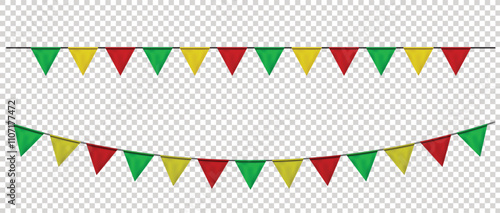 Red, Green, Yellow Bunting flags, carnival party triangle flag banner background. Decorative pennants hanging on a rope for Celebration, Birthday, Holiday, New Year. Festive decorative element vector