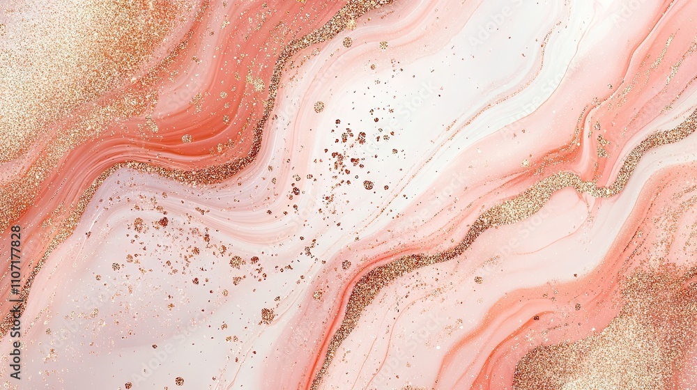 Fototapeta premium Abstract pink and gold fluid art with swirling patterns and shimmering accents.