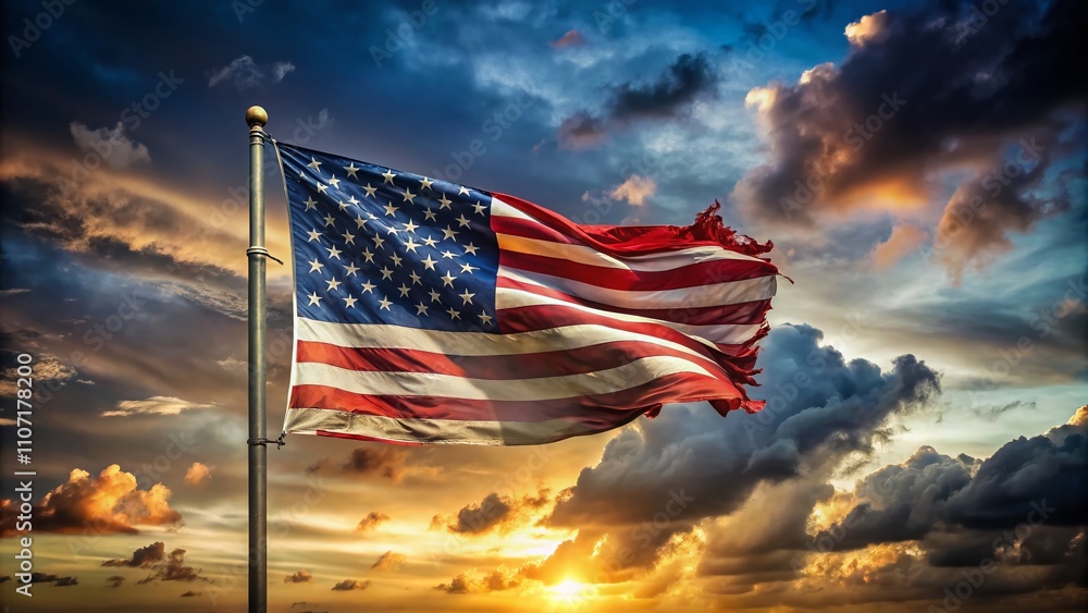 Obraz premium Torn American Flag Symbolizing Political Conflict and Division in the United States, Capturing the Essence of National Discontent and Social Strife