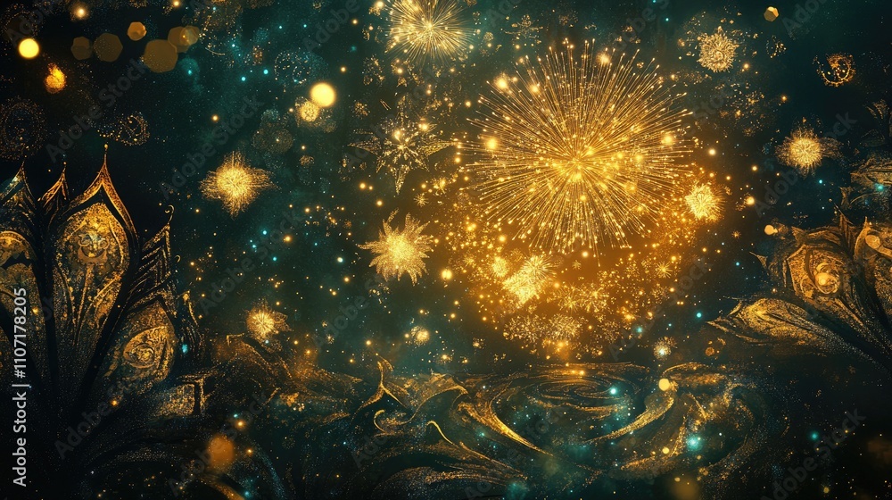 Fototapeta premium Dazzling fireworks display lighting up the night sky with golden splendor.