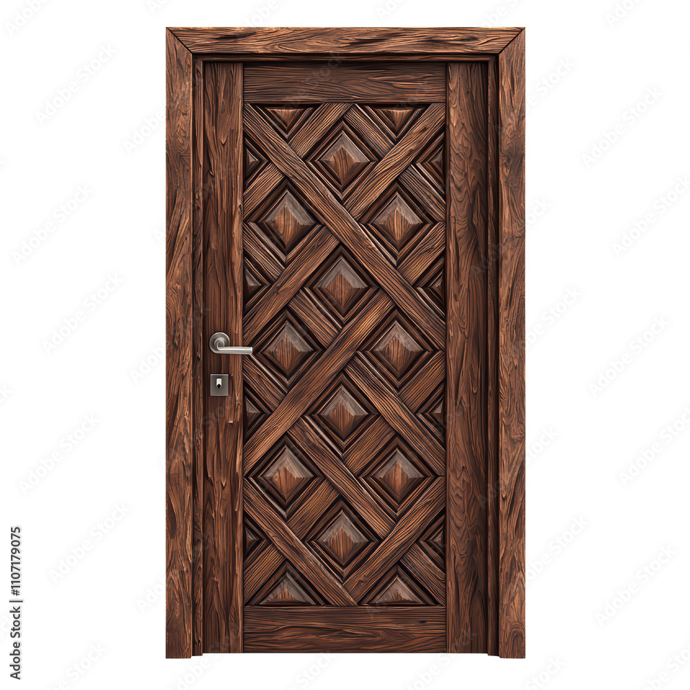 Wooden door with intricate geometric patterns and modern handle isolated on transparent background Wooden door with intricate geometric patterns and modern handle isolated on transparent background