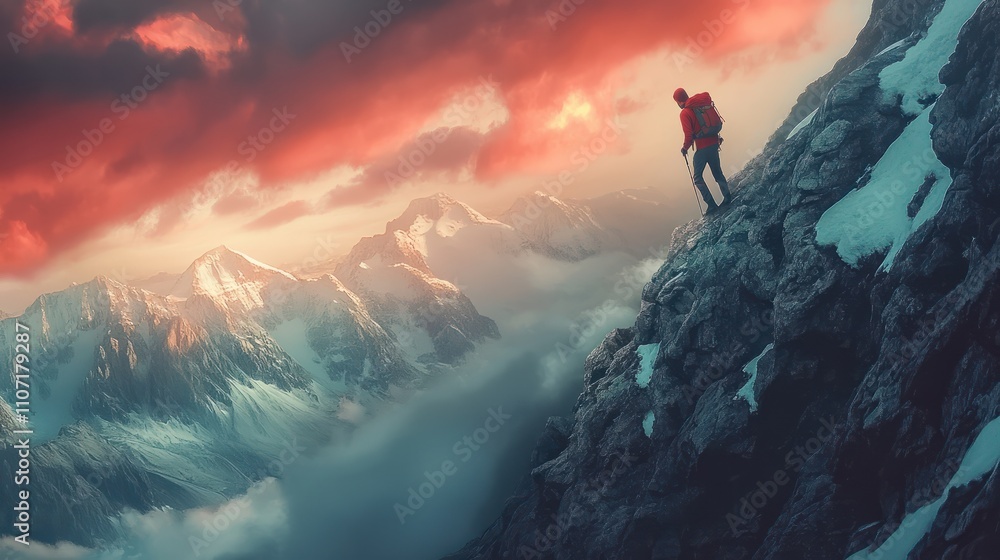 Man hiker climbing up a steep mountain cliff. People taking risk, motivation and outdoor adventure concept. Man hiker climbing up a steep mountain cliff. People taking risk, motivation and outdoor adventure concept.