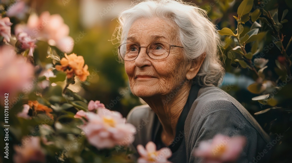 A dignified senior portrait of an elderly woman in a garden, surrounded by blooming flowers, radiating joy and wisdom A dignified senior portrait of an elderly woman in a garden, surrounded by blooming flowers, radiating joy and wisdom