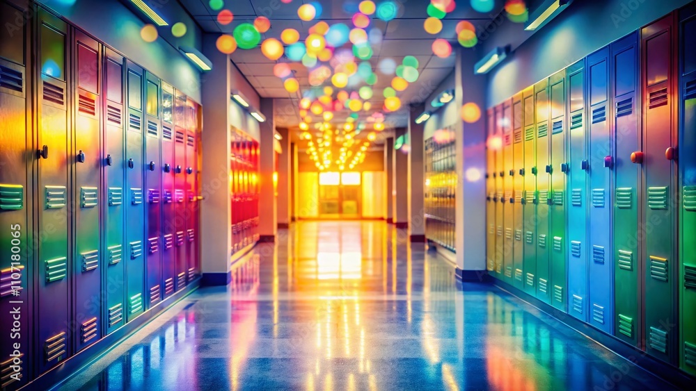 Tranquil Atmosphere of an Empty School Hallway with Lockers and Bulletin Boards Enhanced by Bokeh Effect for a Dreamy, Nostalgic Feel Tranquil Atmosphere of an Empty School Hallway with Lockers and Bulletin Boards Enhanced by Bokeh Effect for a Dreamy, Nostalgic Feel