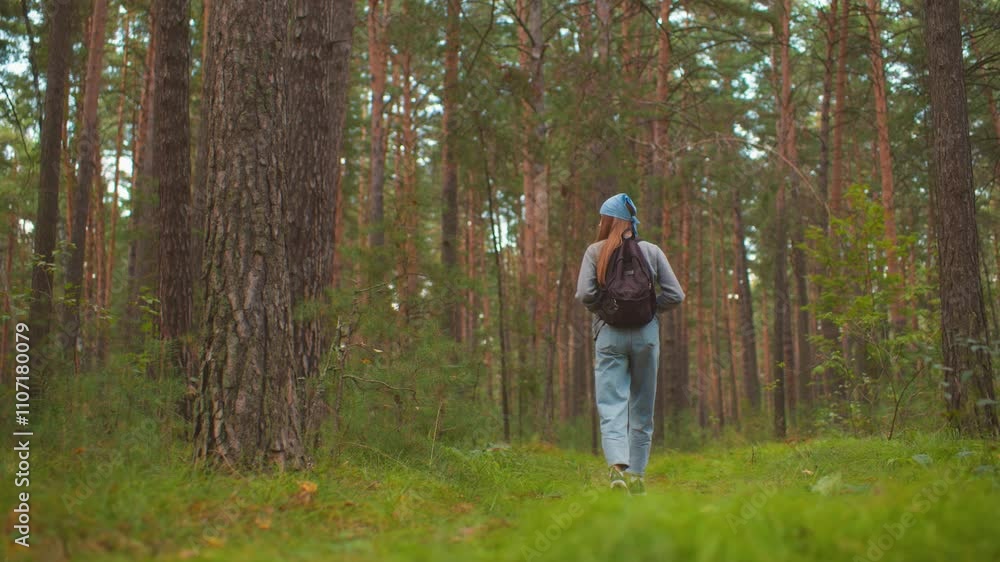 Back view of lady hiking through serene forest, wearing a backpack and blue bandana, holding onto straps as she navigates a tranquil path, surrounded by lush greenery and towering trees Back view of lady hiking through serene forest, wearing a backpack and blue bandana, holding onto straps as she navigates a tranquil path, surrounded by lush greenery and towering trees
