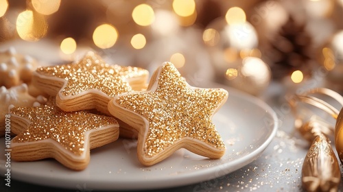 Shimmering gold glitter-covered star cookies, close-up on a festive table setting, creative and whimsical holiday dessert idea for children