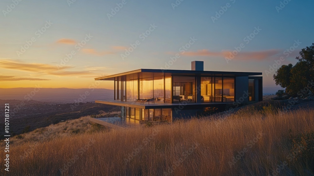 Obraz premium Modern glass house on hillside at sunset, overlooking city.