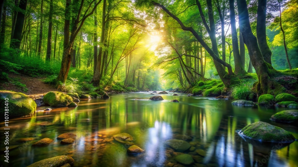 Tranquil Forest Stream in a Lush Green Wilderness with Clear Water and Serene Backwaters, Evoking Silence, Coolness, and Restful Peace in Nature's Embrace Tranquil Forest Stream in a Lush Green Wilderness with Clear Water and Serene Backwaters, Evoking Silence, Coolness, and Restful Peace in Nature's Embrace