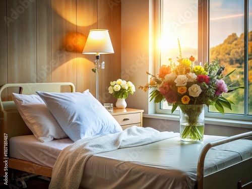 Wallpaper Mural Tranquil Hospital Bed in Softly Lit Room with White Sheets, Pillow, Bedside Lamp, and Fresh Flowers for Healing and Recovery Atmosphere Torontodigital.ca