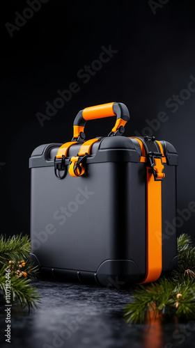 A black and orange suitcase sitting on top of a table photo