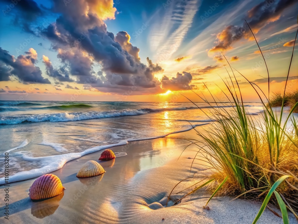 Obraz premium Tranquil Seascape at Dawn with Gentle Waves Lapping at the Shore, Capturing Serenity and Natural Beauty of Coastal Life in a High Depth of Field Setting