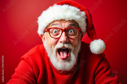 A man in a santa hat and glasses making a funny face