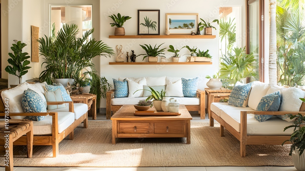 Fototapeta premium Tropical Brightness with Teak Furniture and Greenery