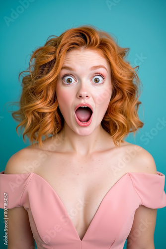 A woman in a pink dress with a surprised look on her face