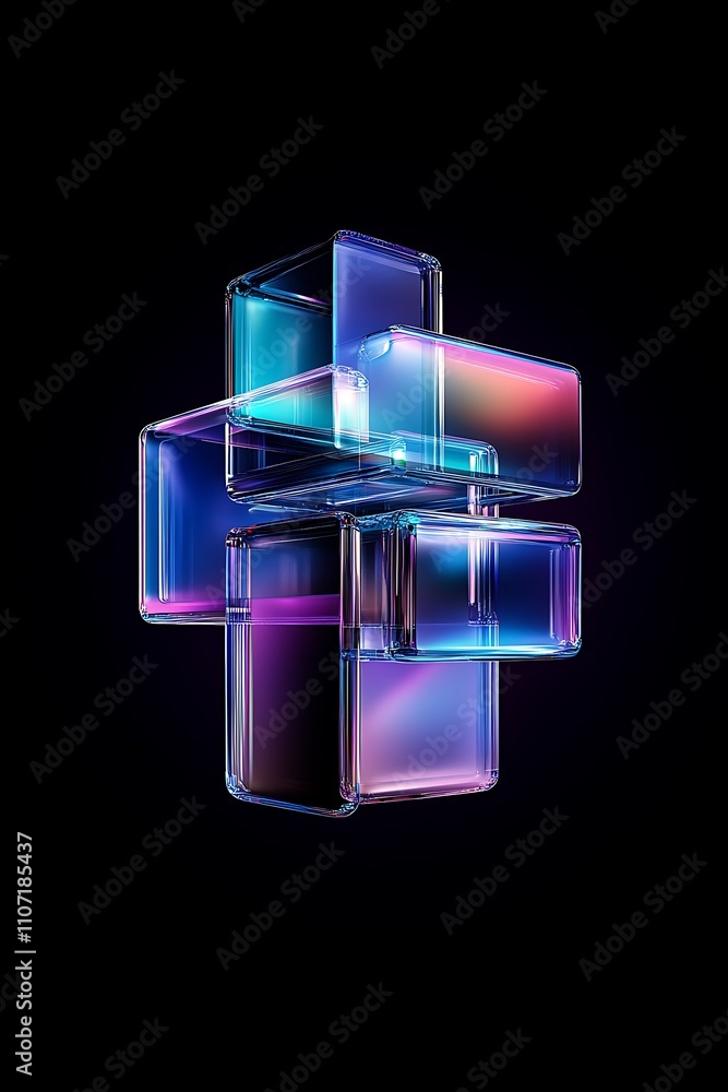 Abstract Colorful 3D Cubes Arranged in Cross Shape on Black Background with Glowing Lights Abstract Colorful 3D Cubes Arranged in Cross Shape on Black Background with Glowing Lights