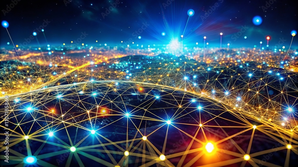 Abstract Night Photography of Connected Dots and Lines, Showcasing an Intricate Network of Light and Color Against a Dark Background, Perfect for Technology and Connectivity Themes Abstract Night Photography of Connected Dots and Lines, Showcasing an Intricate Network of Light and Color Against a Dark Background, Perfect for Technology and Connectivity Themes
