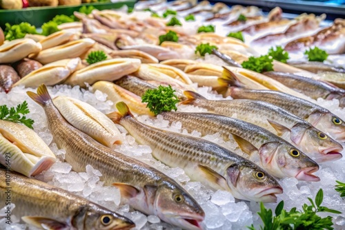 Abundance of Fresh Cod Fillets Displayed on Ice at a Supermarket, Showcasing Quality Seafood for Shoppers, Perfect for Culinary Promotions and Food Blogs