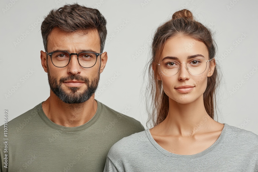 Stylish couple poses for a casual studio portrait with glasses Stylish couple poses for a casual studio portrait with glasses