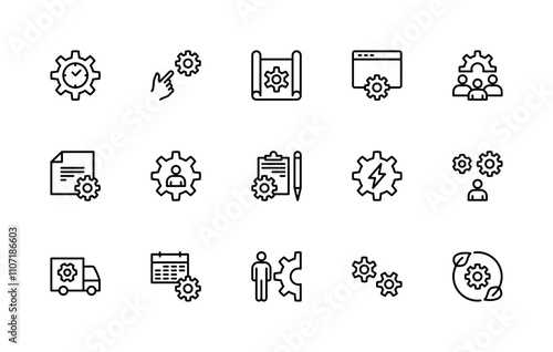 Gears and cogwheels vector linear icons set. Isolated icon collection such as gear, time, automation, technology and more.